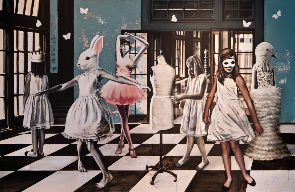 image of humanoid white rabit and a girl in a white dress